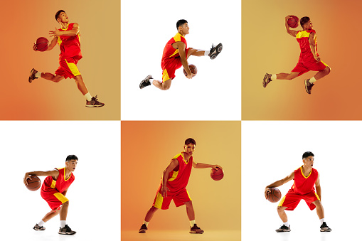 Collage. Full-length portraits of sportive young man, basketball player in motion isolated over orange background in neon light. Concept of healthy lifestyle, sport, hobby, power and strength