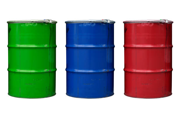 istock Steel barrels isolate. Colored barrels for oil, chemistry, industry on an empty white background 1423070556