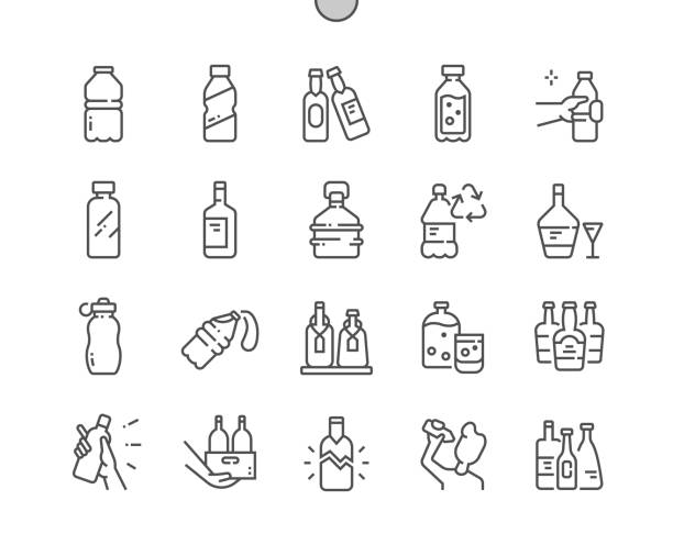 ilustrações, clipart, desenhos animados e ícones de garrafas diferentes. garrafa de aço. loja de vinhos. reciclagem de garrafas. pixel perfect vector thin line ícones. pictograma mínimo simples - packaging bottle plastic wine