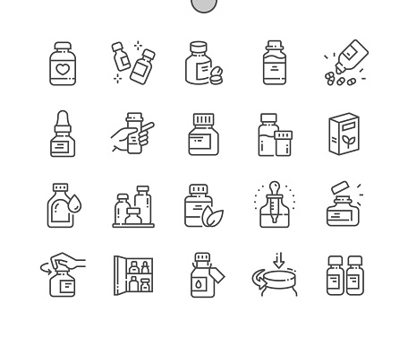 Medicine bottles. Pharmacy products. Health care and medical. Open bottle. Pixel Perfect Vector Thin Line Icons. Simple Minimal Pictogram