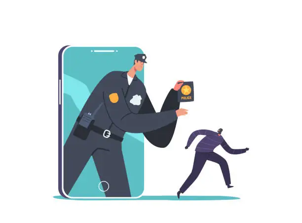 Vector illustration of Cyber Police Follow Bulgar, Officer with Badge on Smartphone Screen Catching Robber. Policeman Character Protect Data