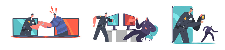 Computer Robber Cyber Police Concept Policeman Character Catching Robber Through ...