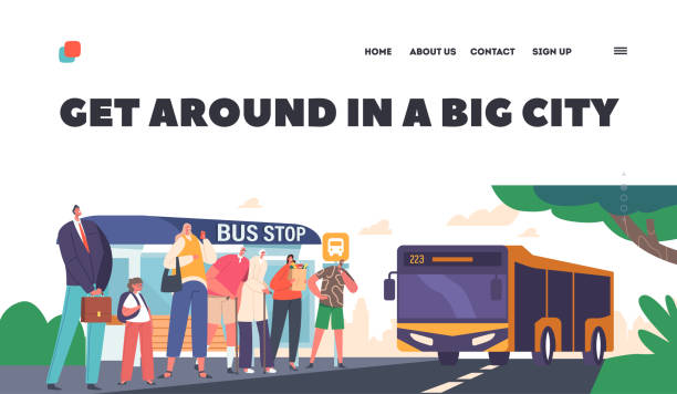 People on Bus Station Landing Page Template. Characters Waiting Commuter Transport at City Landscape, Public Service People on Bus Station Landing Page Template. Characters Waiting Commuter Transport at City Landscape. Public Transportation Service, Passengers Stand on Bus Stop. Cartoon Vector Illustration bus-trip stock illustrations