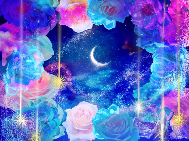 istock Clip art of girly pink rose frame and crescent moon shining in the night sky 1423072677