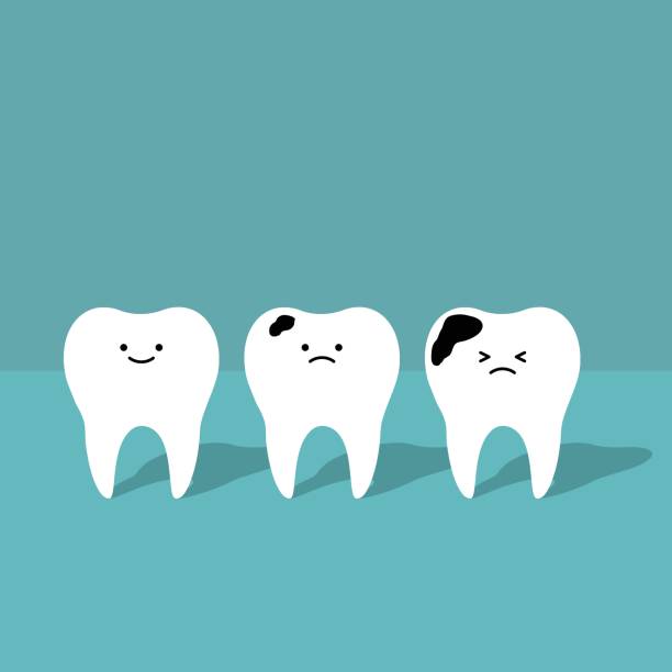 ilustraciones, imágenes clip art, dibujos animados e iconos de stock de lindos personajes de dientes con caries caries. caras sonrientes de kawaii. higiene dental infantil - filling