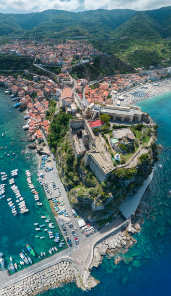 Aerial view of Scilla, Reggio Calabria, Calabria. Italy. Ruffo Castle and lighthouse. Aerial view of Scilla, Reggio Calabria, Calabria. Promontory at the northern entrance of the Strait of Messina. Ruffo Castle and lighthouse. Tyrrhenian Sea. Italy castle scilla stock pictures, royalty-free photos & images