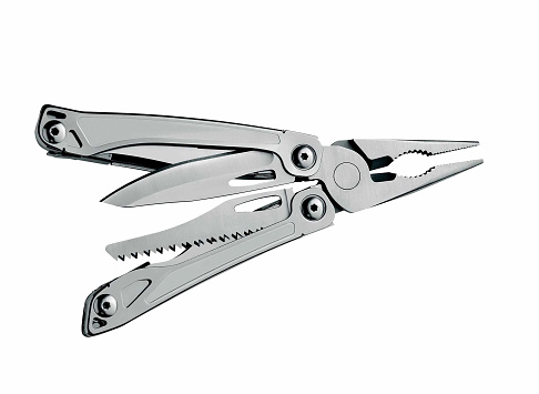 a metallic multitool isolated on white background