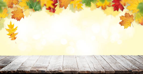 istock Wooden table and autumn bokeh background 1423078995