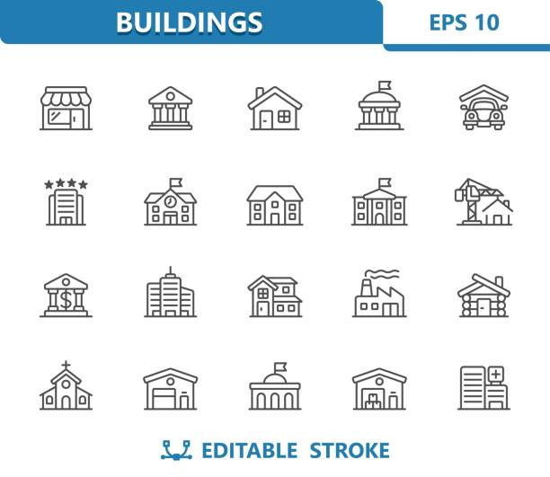 gebäude-symbole. immobilien, gebäude, haus, geschäft, schule, garage, hotel, kirche, hütte, krankenhaus, fabrik - guildhalls stock-grafiken, -clipart, -cartoons und -symbole