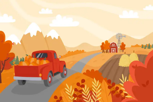 Vector illustration of Autumn countryside landscape with a red car with pumpkins on the road