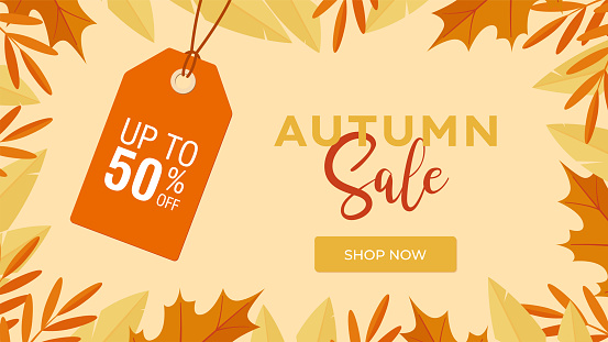 Banner template for the autumn sale. Autumn forest leaves frame. Fall template for web design, layout for promo flyers. Border with orange, red, brown leaves. Flat style vector illustration