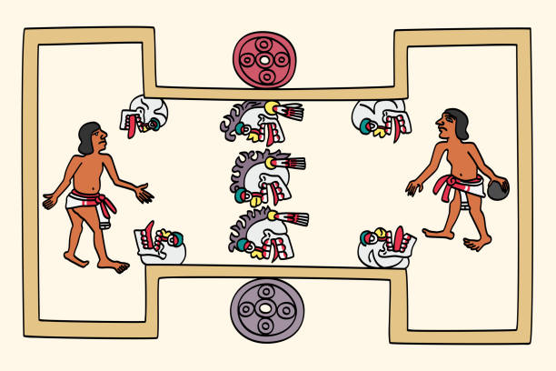 Aztec players play a rubber ball game, the Mesoamerican ballgame Aztec players play a rubber ball game. The Mesoamerican ballgame is a 3600 years old sport with ritual associations, played by pre Columbian people and as ulama still played by indigenous populations. ulama stock illustrations