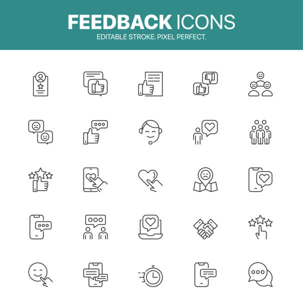 Feedback icon set. Customer and person icons. Improvement symbol Editable stroke and pixel perfect Feedback icon set. Customer feedback, person and improvement symbol. Thin linse contains such icons as rating, testimonials, satisfaction, quick response, question mark and more. resourceful stock illustrations