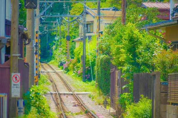 Jiango Island Electric Railway Line and Kamakura cityscape. Shooting Location: Kamakura City, Kanagawa Prefecture