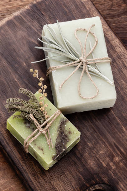 istock Handmade natural soap on pastel background. 1423090282