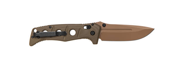 istock Khaki pocket folding knife. Compact metal sharp tactical knife with a folding blade. Isolate on a white background. 1423095003