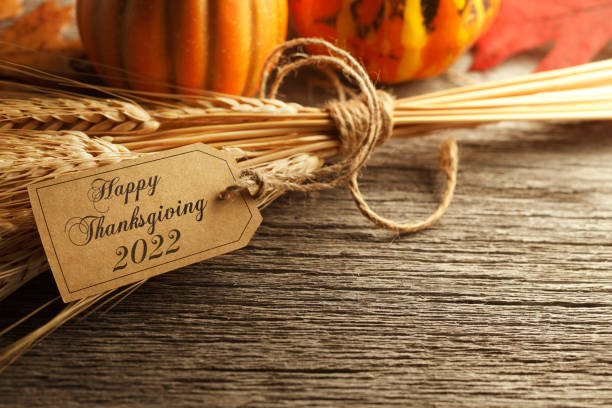istock Happy Thanksgiving 2022 Tag Wrapped Around Wheat Stalks On Weathered Wood Surface 1423095092