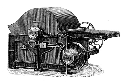 Antique illustration, applied mechanics and machines, textile industry: Machines for washing and combing wool
