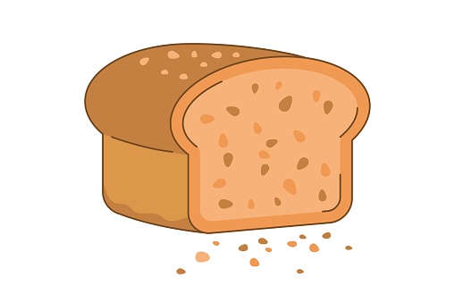 Piece of bread with bread crumbs. Cartoon vector illustration. May use for sticker or web application. Flat style picture isolated on white background