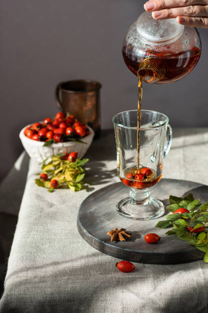 istock female hand pours hot herbal tea into a glass mug. Vertical 1423099981