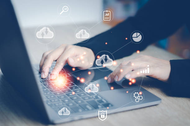 istock Business Woman use Laptop with cloud computing diagram show on hand. AI Cloud technology. Data storage. Networking and internet service concept. 1423100579