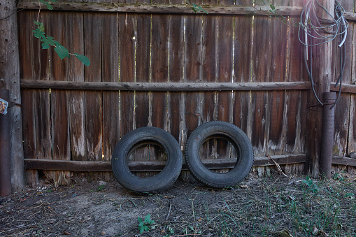 Two old wheels near the fence. Old car tires for a sedan are thrown away near an old wooden fence. Fence rotten covered with mold.