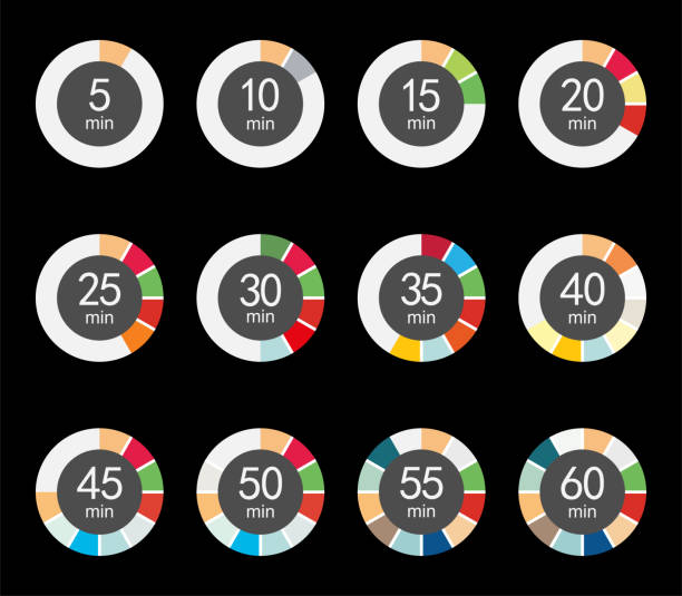 ilustrações de stock, clip art, desenhos animados e ícones de vector infographic colors elements counting down time second clock stopwatch bar indicator chart circle set isolated on black background illustration - vector editorial cut out recycling