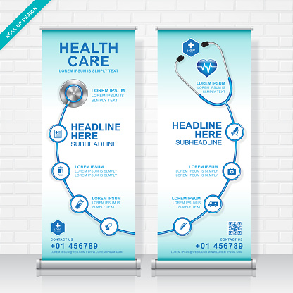 Health care and medical roll up design, standee and banner template decoration for exhibition, printing, presentation and brochure flyer concept vector illustration