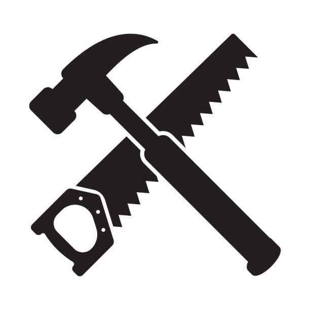 illustrazioni stock, clip art, cartoni animati e icone di tendenza di sagoma a martello e sega, icona dell'utensile del falegname, simbolo vettoriale della lavorazione del legno. - hammer