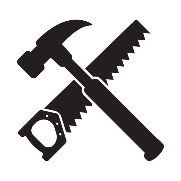 ilustrações de stock, clip art, desenhos animados e ícones de hammer and saw silhouette, woodworker tool icon, woodworking vector symbol. - hammer