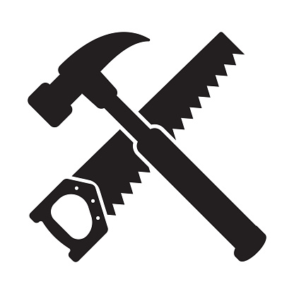 Hammer and saw silhouette, woodworker tool icon, woodworking vector symbol.