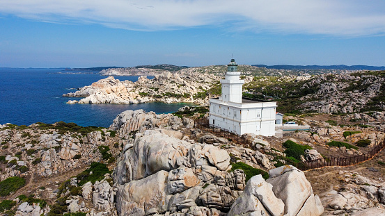 aerial view of the lighthouse of Capo testa in Sardinia (Italy)