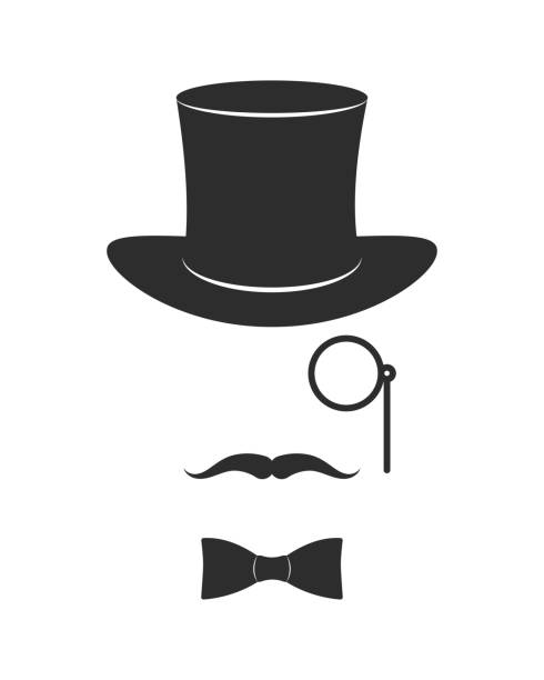 Set of gentleman victorian era silhouette set. Top hat, monocle, mustache, bow tie. Set of gentleman victorian era silhouette set. Top hat, monocle, mustache, bow tie. dicky-bow stock illustrations