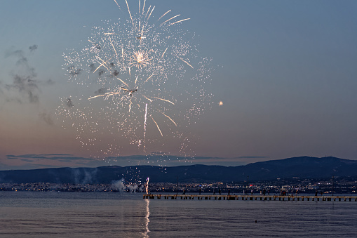 Sunset fireworks in Agia Triada near Thessaloniki city in Greece