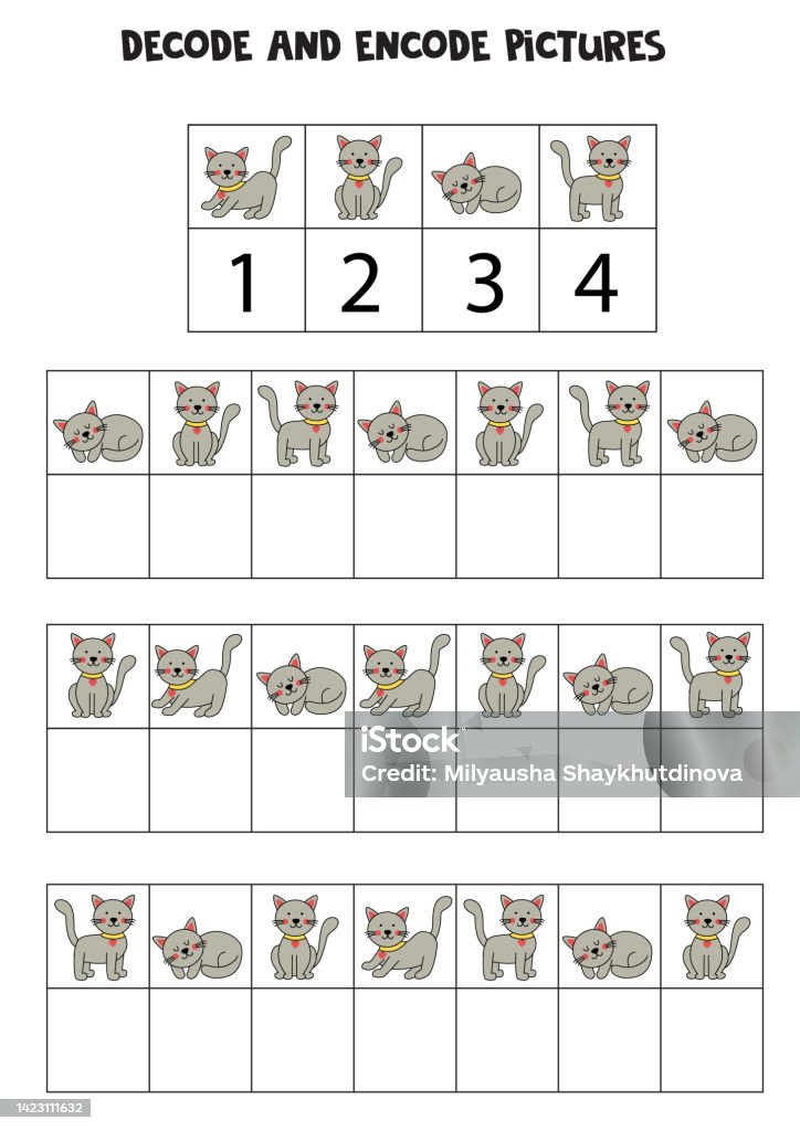 Decode Out Image Decode And Encode Pictures Write The Symbols Under Cute Gray Cats Stock ...