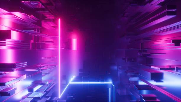 istock 3d render, abstract ultraviolet background with geometric shapes and glowing neon light 1423113357