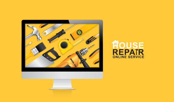 Construction tools online service computer with set all of tools supplies for house repair builder on yellow background vector illustration Construction tools online service computer with set all of tools supplies for house repair builder on yellow background vector illustration plumber tablet stock illustrations