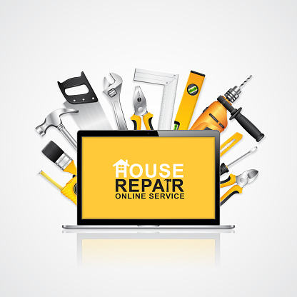 Construction tools online service computer notebook with set all of tools supplies for house repair builder on white background vector illustration