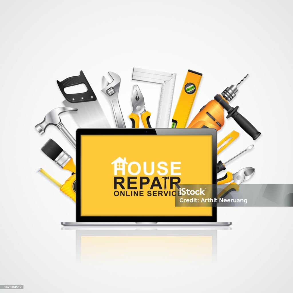 Construction Tools Online Service Computer Notebook With Set All Of Tools  Supplies For House Repair Builder On White Background Vector Illustration  Stock Illustration - Download Image Now - iStock