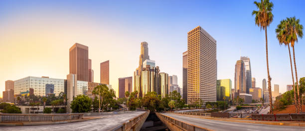 los angeles the skyline of los angeles during sunrise los angeles county stock pictures, royalty-free photos & images