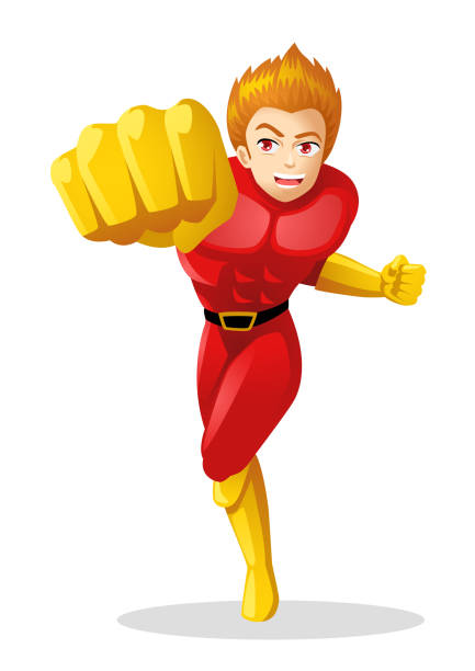 Superhero in red suit throwing punch vector art illustration