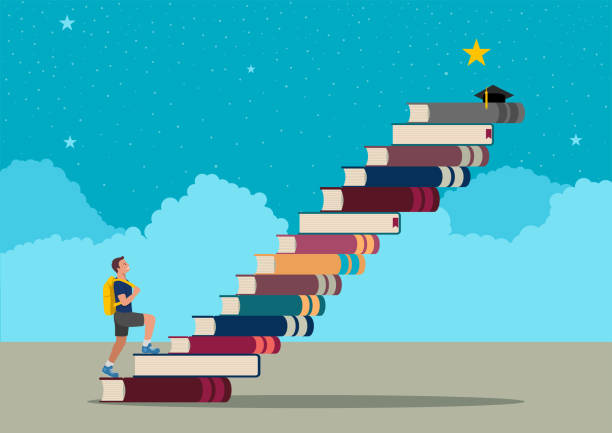 Boy with a backpack climbing the stairs made of books to reach the stars Cartoon illustration of a boy with a backpack climbing the stairs made of books to reach the stars student success stock illustrations