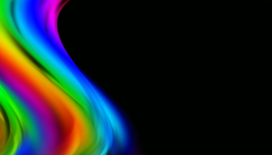 Decorative multicolored abstract curves on black background with space for text.