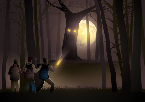 istock Children adventure in the jungle and find a scary tree monster 1423116903