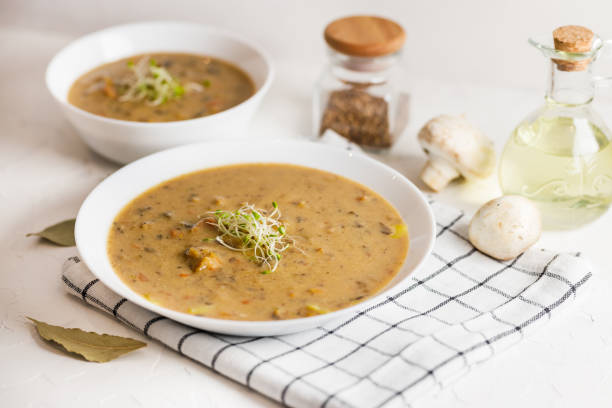 istock Mushroom soup in white plate 1423118557