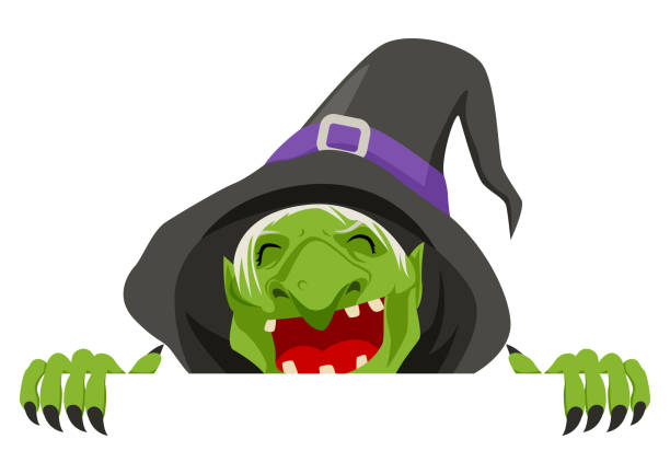 Old witch peeking from behind the wall vector art illustration