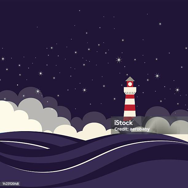 Маяк В Ночное Море — стоковая векторная графика и другие изображения на тему Буря - Буря, Морское судно, Вода