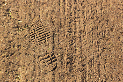 A lone shoeprint on a dusty brown ground. Footprints on a road. Travel background with copy space. Hiking concept ideas