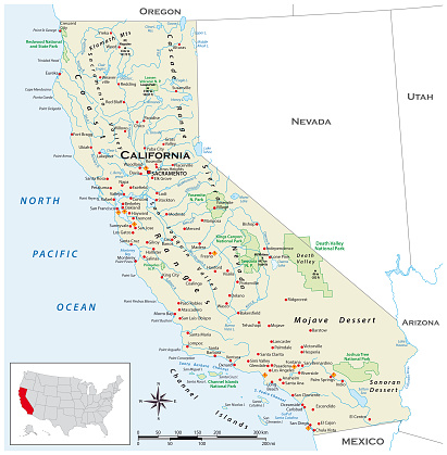 Highly detailed physical map of the US state of California