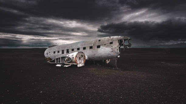 Eerie Dramatic light on Wrecked DC-3 Plane on Sólheimasandur stock photo